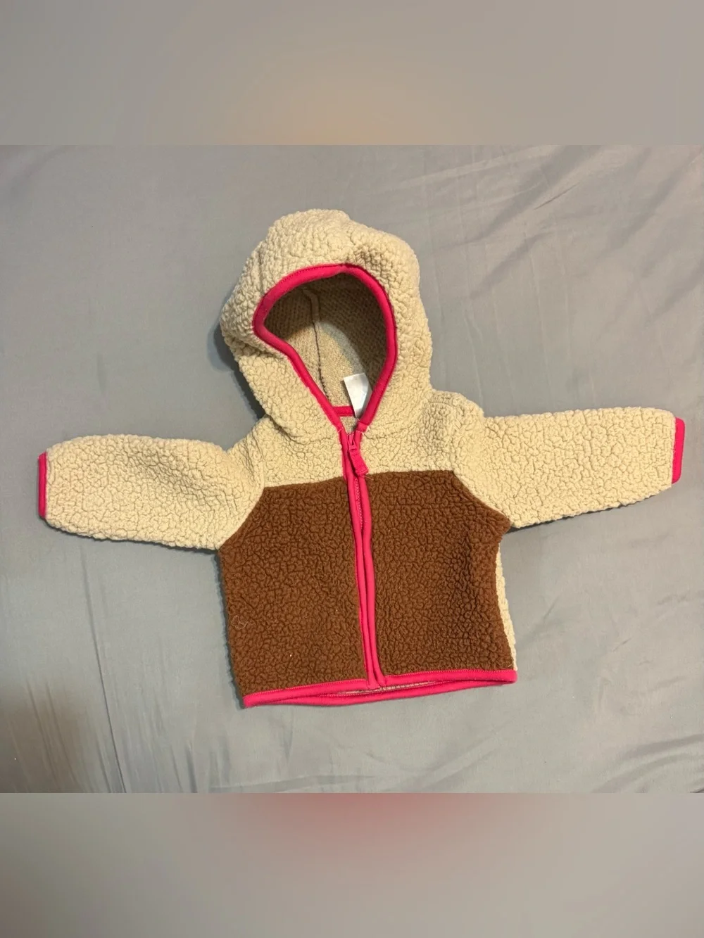 Carter's Cream & Brown Sherpa Hoodie with Pink Trim
